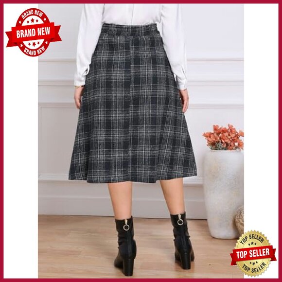 Vintage Tartan A-Line Midi Skirt with Pockets High Waist - Picture 3 of 6